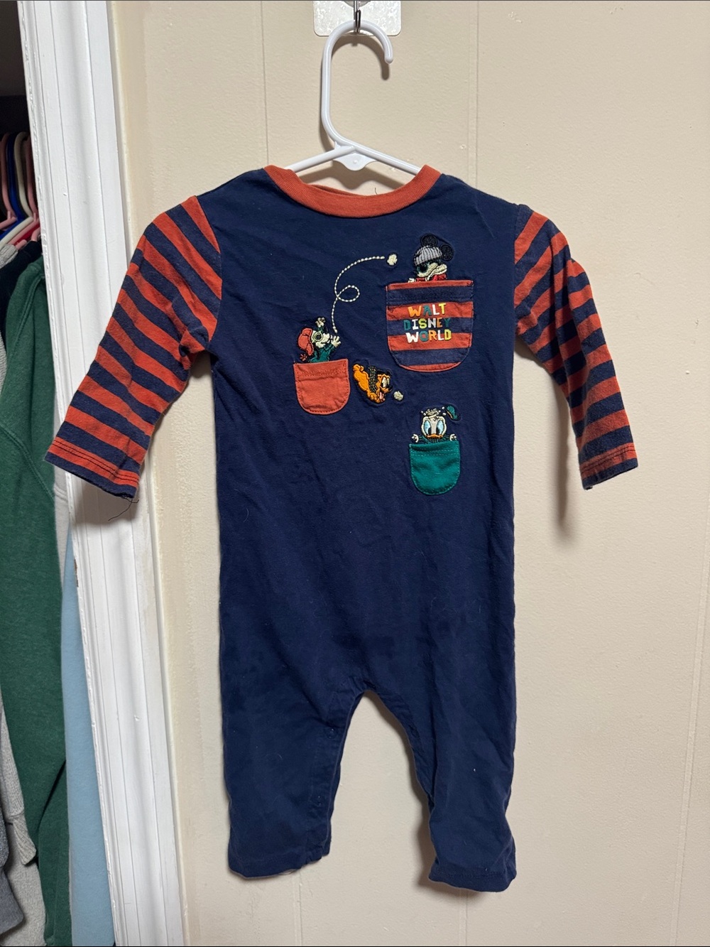 Vintage Disney Navy One-Piece Romper with Red Striped Sleeves